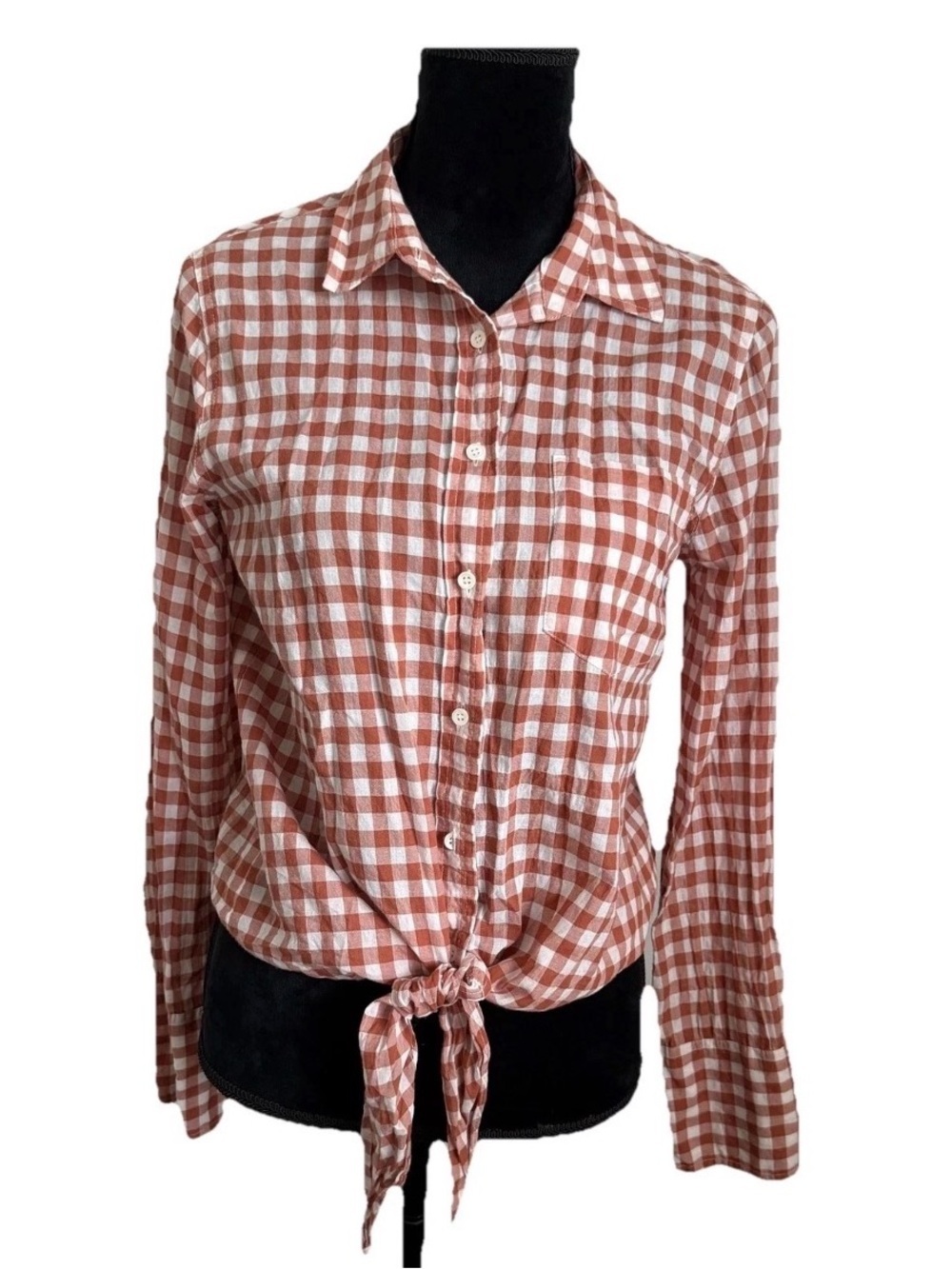 J Crew Shirt Womens 8 Orange Gingham Check Tie Front Button Up Cropped Top